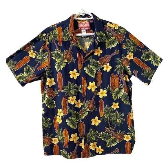 RJC Vintage Hawaiian Short Sleeve Shirt Style 102C Navy Floral Surfer - Picture 1 of 14